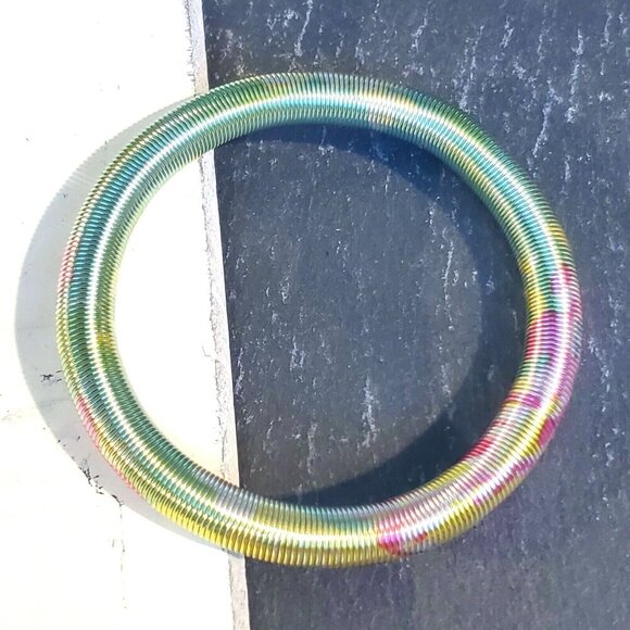 Printed Design Stretch Stainless Steel Coil Green Multicolor Bangle Bracelet #6 - Picture 5 of 7